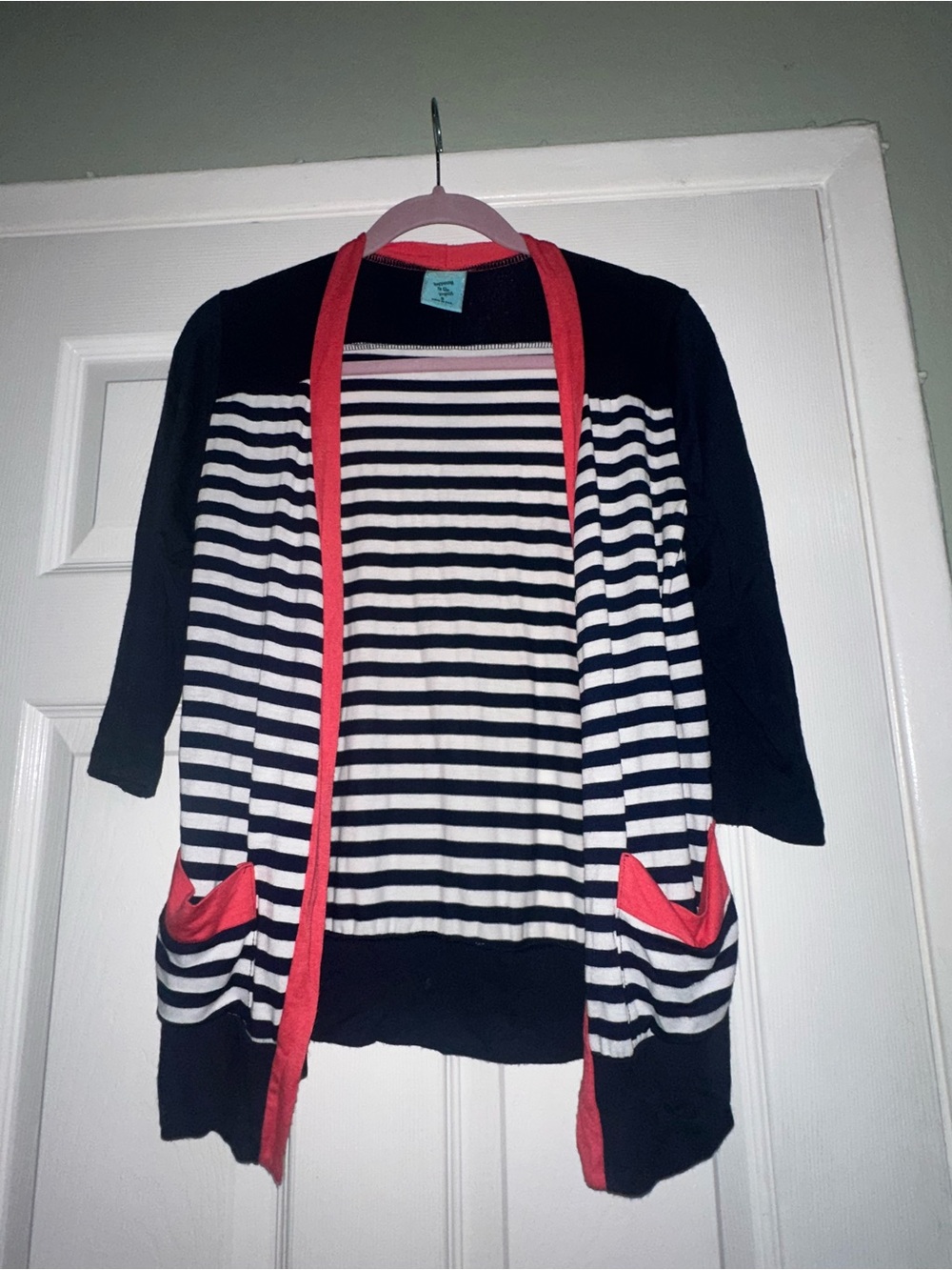 Striped Navy and White Open Cardigan with Coral Trim